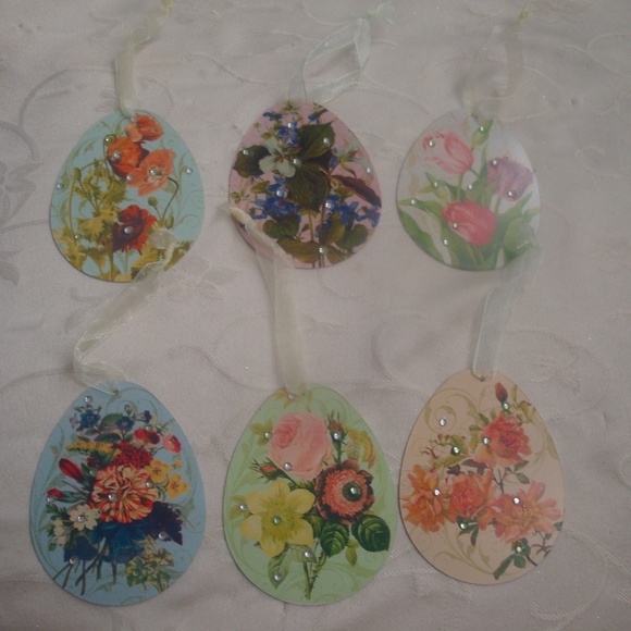 🐣 Set 6 Egg Shape Tin Easter Spring Ornaments w  Flowers & Rhinestones  New - Picture 3 of 9
